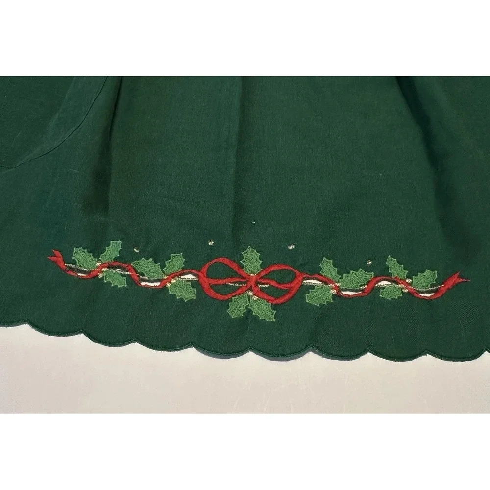 Vintage 1936 Green Half Apron With Holly‎ Red Bows Linen Embroidered Christmas